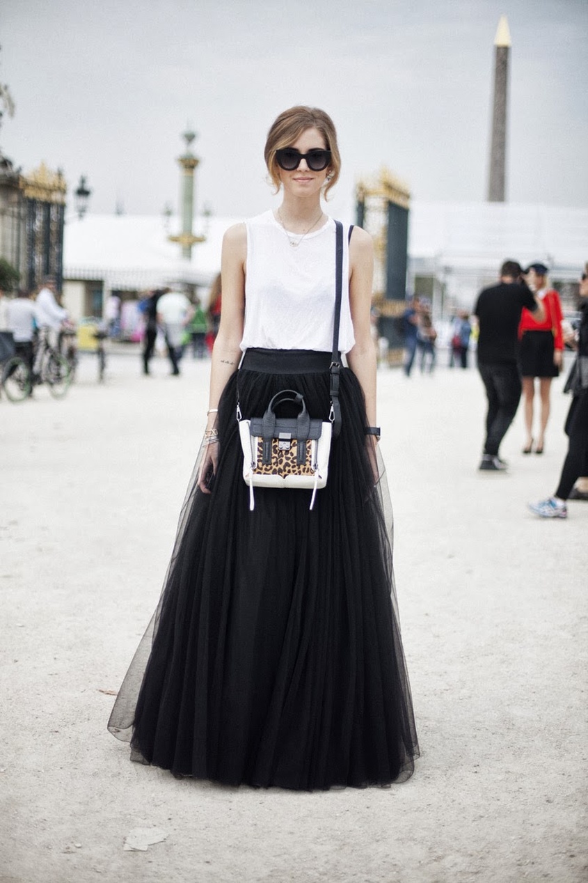 Een persoon in een zwarte tule maxi rok en witte top, een mix van haute couture en streetstyle.