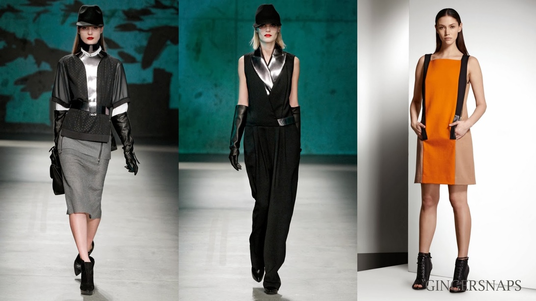 Drie modellen in designeroutfits die haute couture en streetwear combineren.